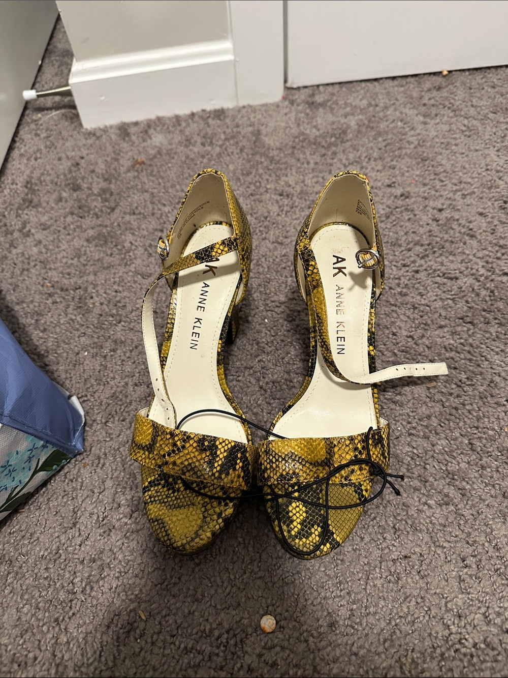 Anne Klein Yellow Snake-Print Mary Jane Heels with Bow Detail